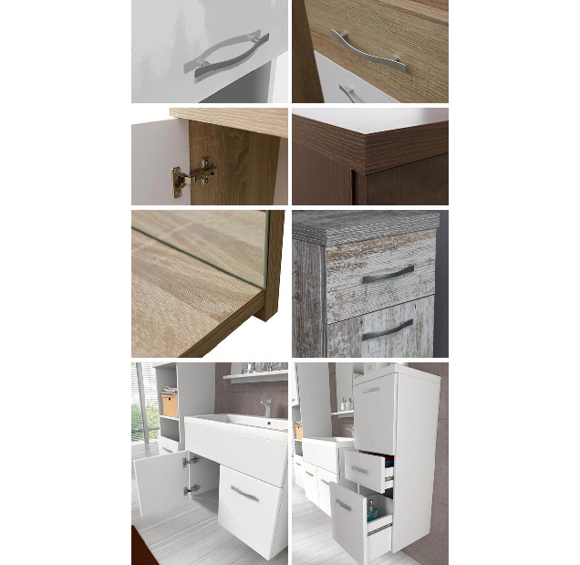 Fürdőszoba bútor Mirjan Lunara (wotan tölgy + fényes fehér + wotan tölgy) (szifon nélkül, Economico csappal)