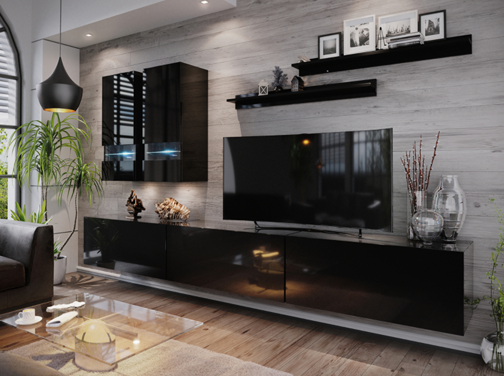  Nappali bútorsor Benmore (fekete + fényes fekete) (világítás nélkül) 