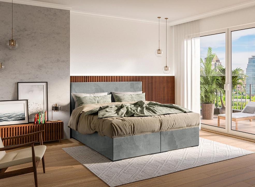 Franciaágy Boxspring 180 cm Lemmy (beton) (matraccal és tárolóhellyel) a hálószobába