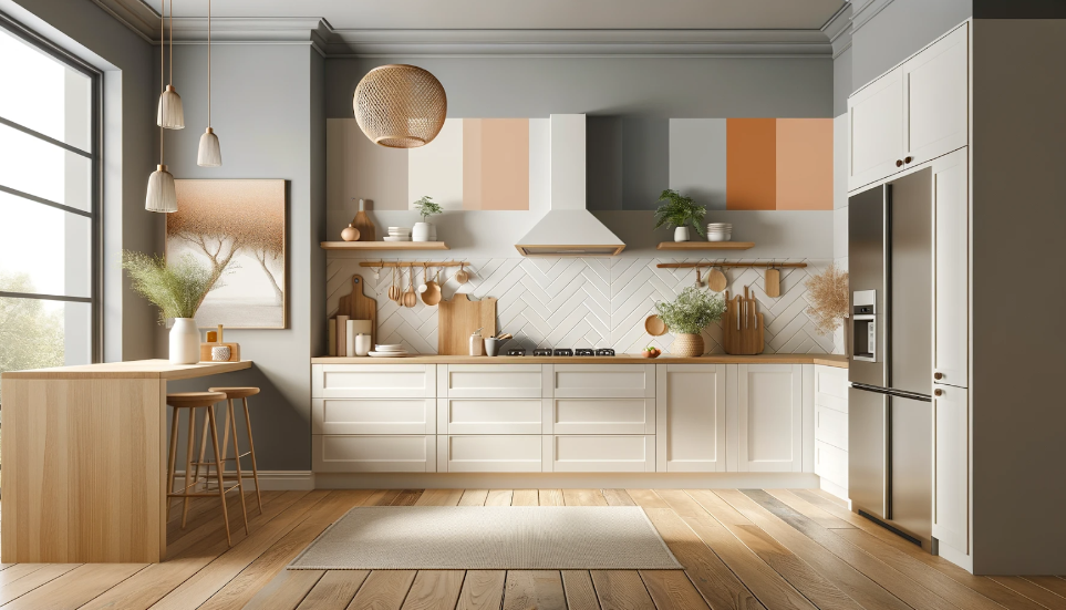 "Peach Fuzz" színek a konyhában.