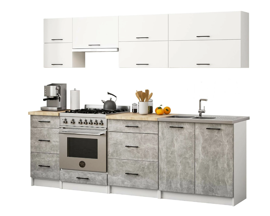 Konyhabútor 240 cm Ozara VI (fehér + beton)
