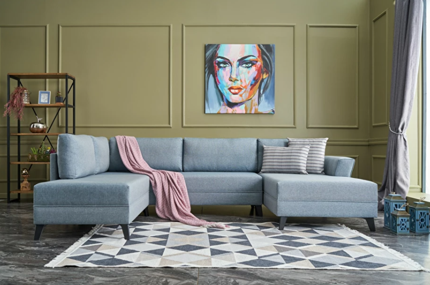 Sarokkanapé Eugenie (kék) - nagy, kényelmes és szép. Három az egyben.