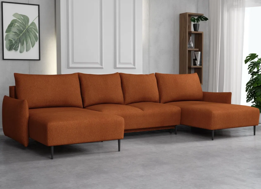 Sarokkanapé U Welenora U (narancssárga) (tárolóhellyel) - nagy, kényelmes és esztétikus.
