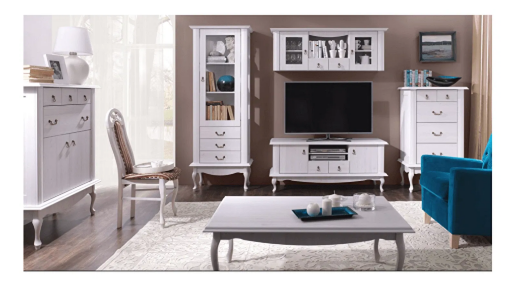 Elegáns fehér nappali türkiz kanapéval