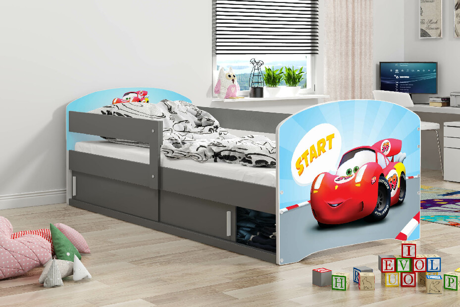 Gyerekágy 80 x 160 cm Lukan(grafit + autók) (ágyráccsal, matraccal és tárolóhellyel)