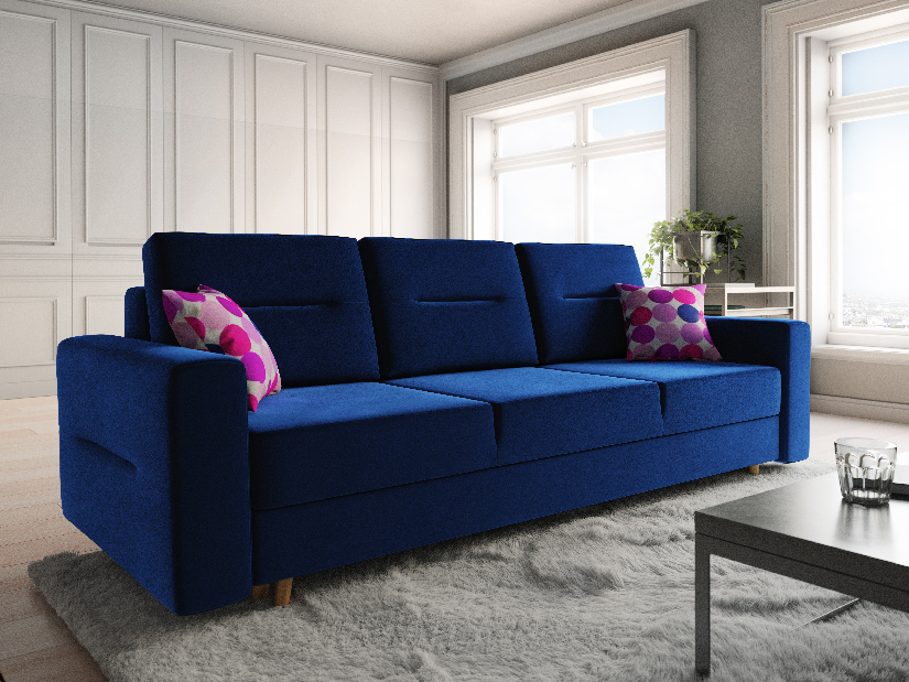 Szétnyitható kanapé Bergenia (kék + rózsaszín párnák)