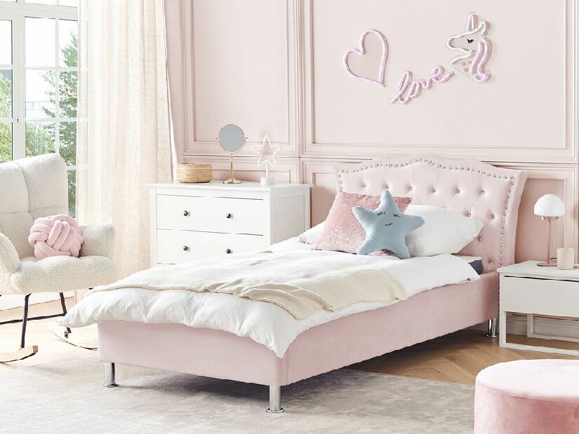 Egyszemélyes ágy 200 x 90 cm Metty (rózsaszín) (ágyráccsal) (tárolóhellyel)