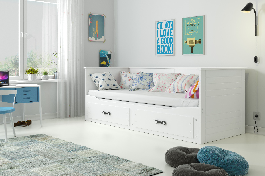 Egyszemélyes szétnyitható ágy 90 cm Harum (fehér) (ágyráccsal, matraccal és tárolóhellyel)