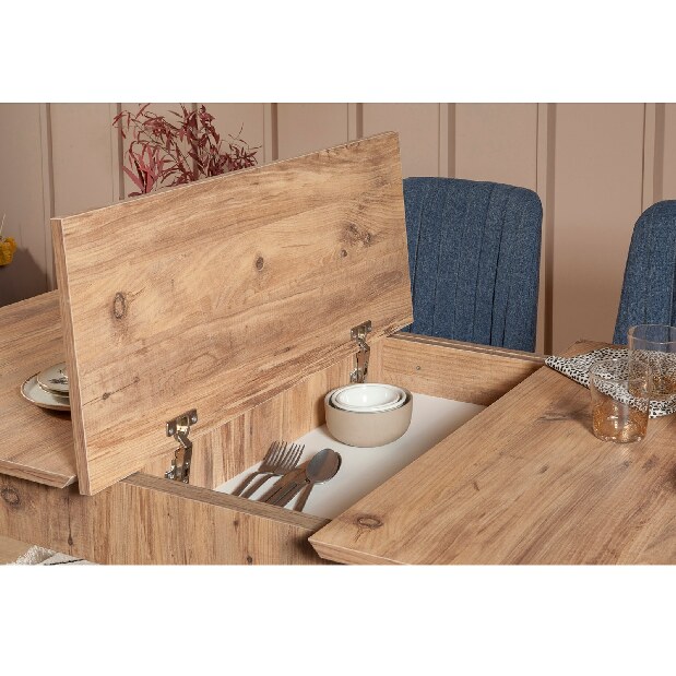 Széthúzható étkezőasztal 2 székkel és egy paddal Vlasta (atlanti fenyő + sötétkék)