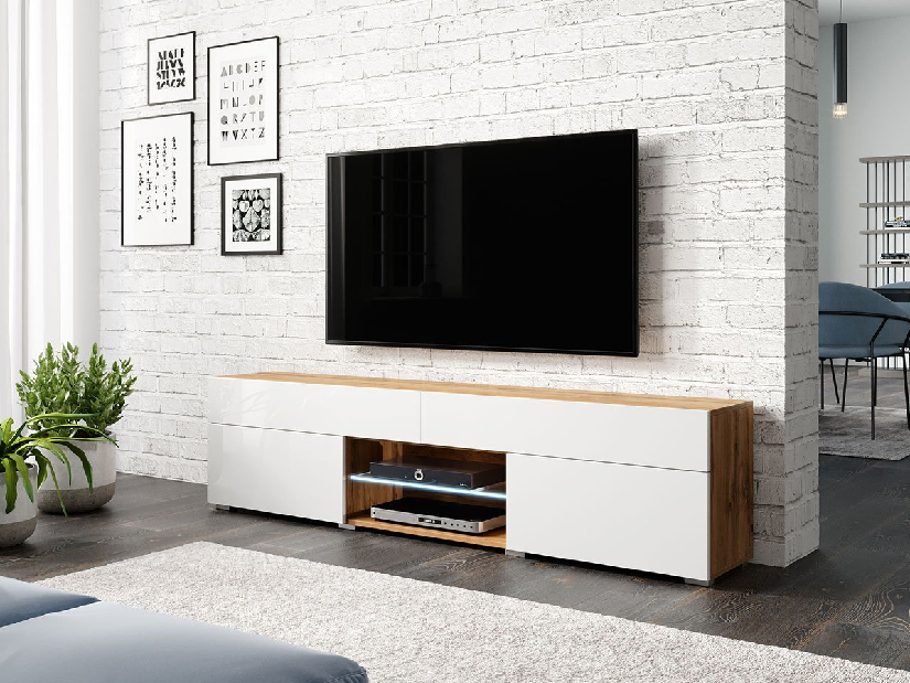 TV szekrény Primrose (wotan tölgy + fényes fehér) (fehér LED világítás)