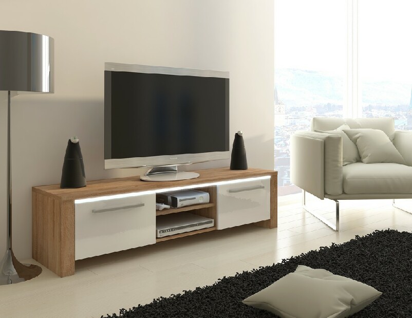 TV asztal/szekrény Helix (világos sonoma + fényes fehér) (Fehér világítással) *kiárusítás
