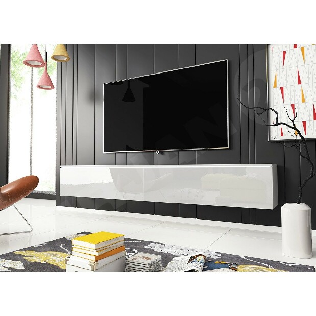 TV asztal/szekrény Dilune 180 (fehér + fényes fehér) (fehér LED világítás)
