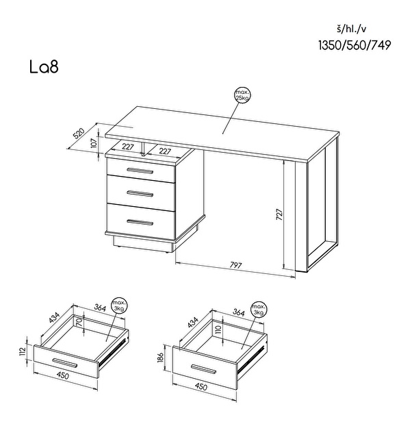 PC asztal typ LA8 Laticia (matt fekete + wotan tölgy)