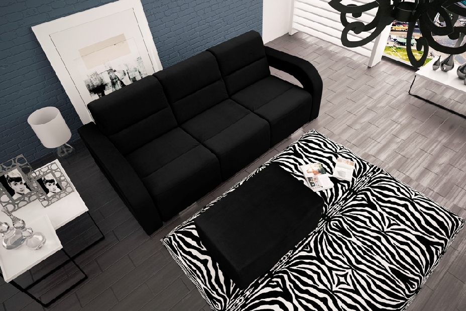 Háromszemélyes kanapé Alison (fekete) (taburettel)