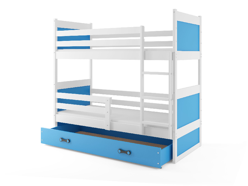 Emeletes ágy 90 x 200 cm Ronnie B (fehér + kék) (ágyrácsokkal és tárolóhellyel)