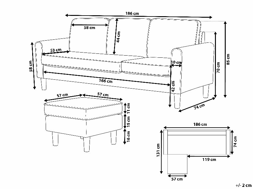Háromszemélyes kanapé Arran (világosszürke) (zsámollyal)