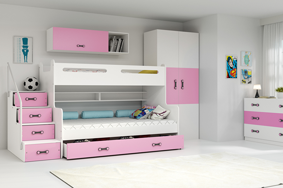 Emeletes ágy 120 x 200 cm Moxxo 3 (fehér + rózsaszín) (ágyrácsokkal és tárolóhellyel)