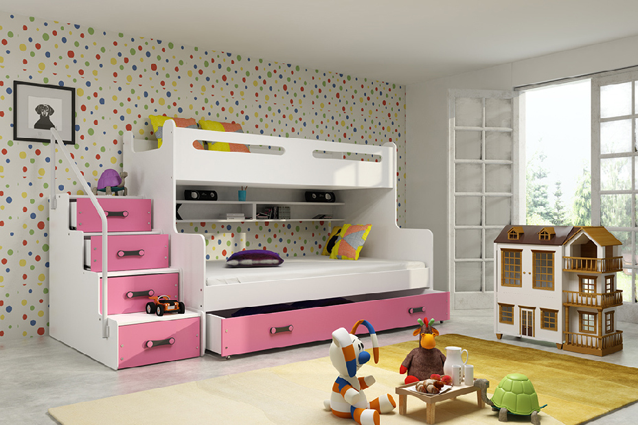 Emeletes ágy 120 x 200 cm Moxxo 3 (fehér + rózsaszín) (ágyrácsokkal és tárolóhellyel)