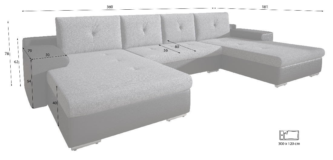 U-alakú sarok kanapé Marlen (szürke + fehér) (B)