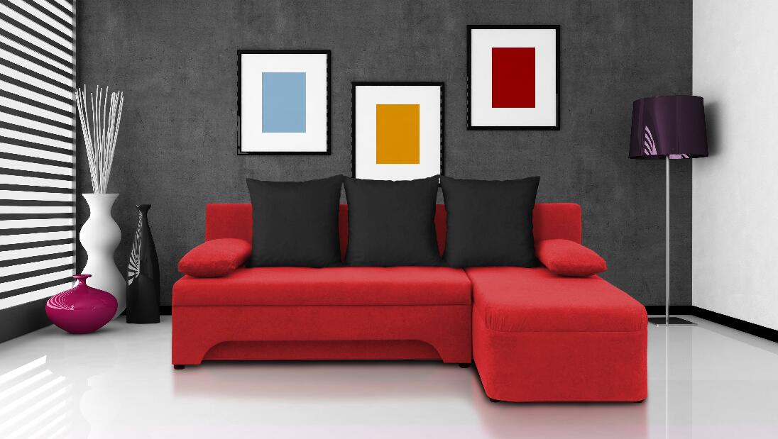 Sarok kanapé Sally piros + fekete párnák (1 tárhely, bonell)
