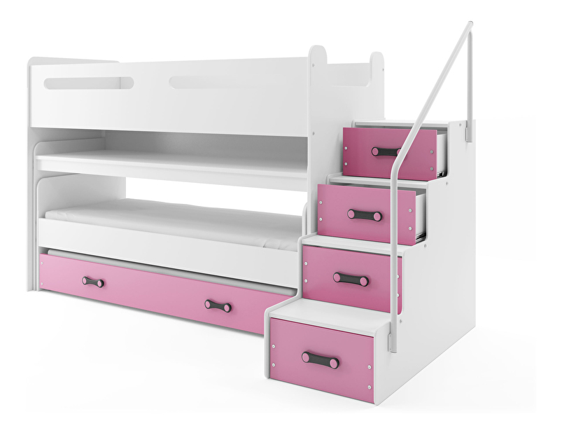 Emeletes ágy 80 x 200 cm Moxxo 1 (fehér + rózsaszín) (ágyrácsokkal és tárolóhellyel)