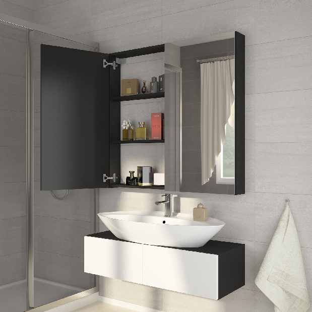 Falra szerelhető fürdőszoba szekrény Della 60 fekete + tükör