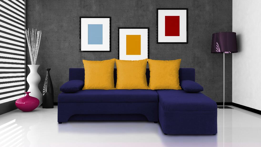 Sarok kanapé Sally sötétkék + sárga párnák (1 tárhely, hab)