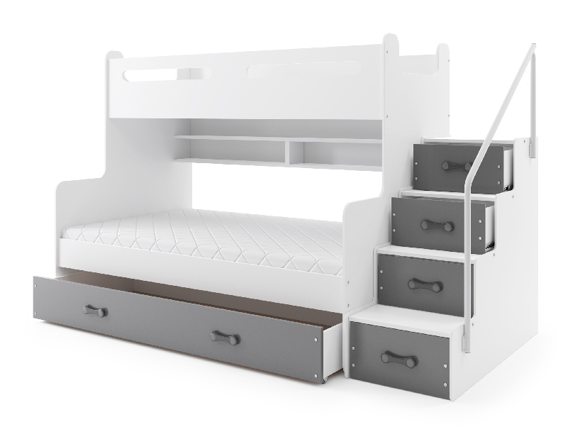Emeletes ágy 120 x 200 cm Moxxo 3 (fehér + grafit) (ágyrácsokkal és tárolóhellyel)