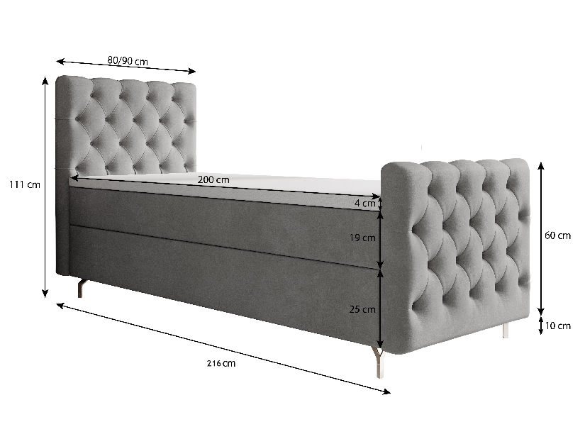 Egyszemélyes ágy 90 cm Clinton Bonell (szürke) (ágyráccsal, tárolóhellyel)