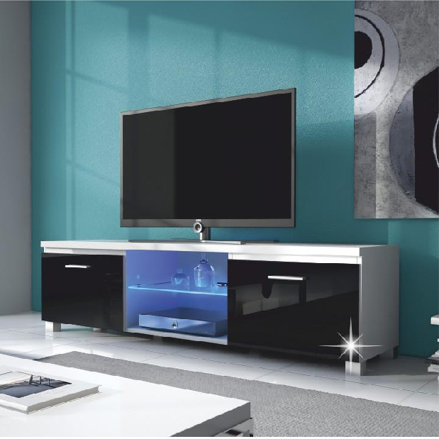 TV asztal/szekrény Lugo 2 (fehér + extra magasfényű fekete) (világítással) *bazar