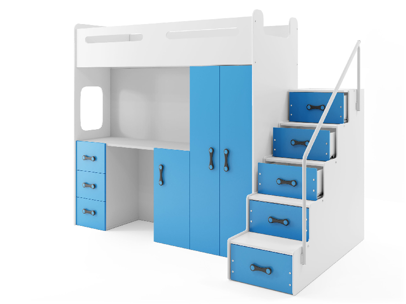Emeletes ágy 80 x 200 cm Moxxo 4 (fehér + kék) (ágyrácsokkal és tárolóhellyel)