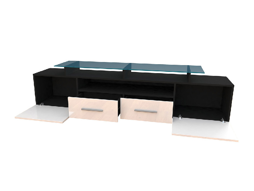 TV asztal + szekrény Blaise (fekete + fényes fekete) (fehér LED világítás)