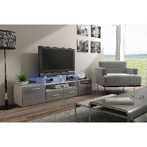TV asztal + szekrény Blaise (fehér + fényes szürke) (világítás nélkül)