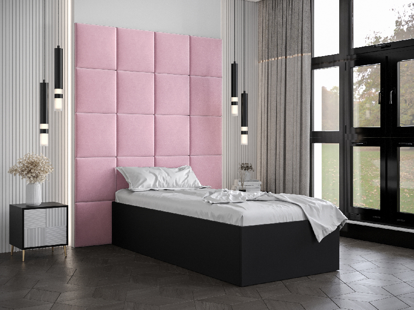 Egyszemélyes ágy kárpitozott fejtámlával 90 cm Brittany 3 (matt fekete + rózsaszín) (ágyráccsal)