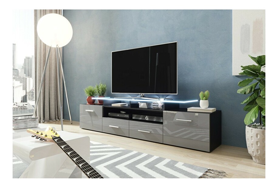 TV asztal + szekrény Mirjan Blaise (fekete + fényes szürke) (fehér LED világítás)
