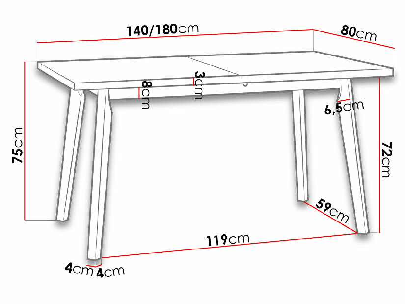 Asztal Harry 80 x 140+180 V (gandson tölgy L) (fekete)