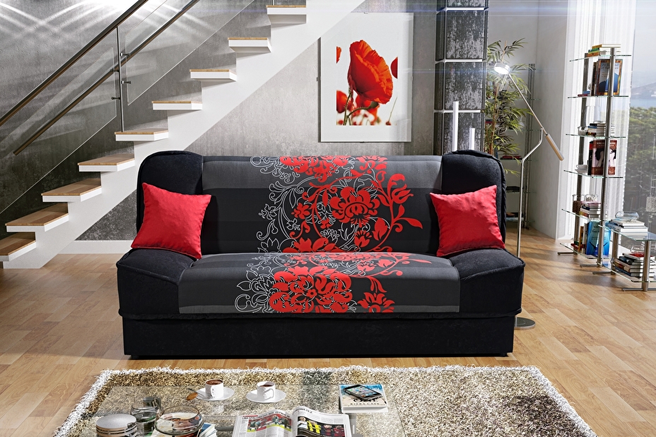 Háromszemélyes kanapé Ülőke Finka 3R (fekete + piros virág)