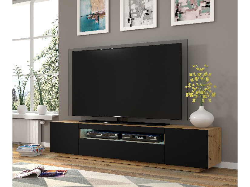 TV aszta/Szekrény Aurinko 200 (artisan tölgy + matt fekete) (világítással)