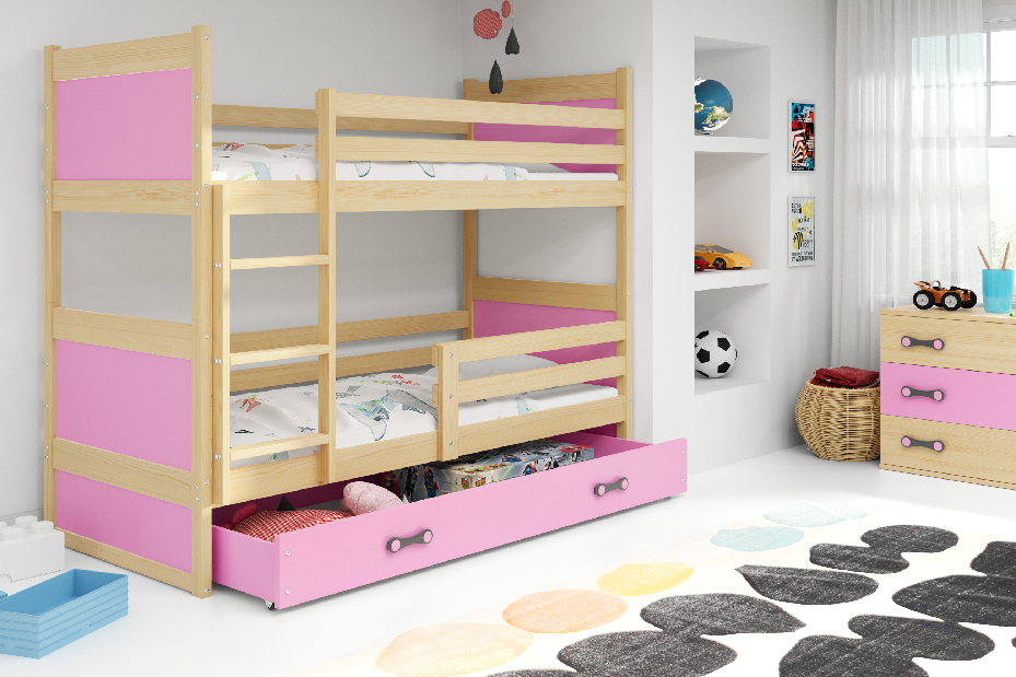 Emeletes ágy 80 x 160 cm Ronnie B (fenyő + rózsaszín) (ágyrácsokkal és tárolóhellyel)