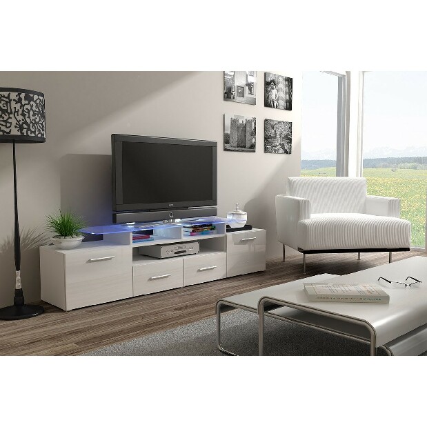 TV asztal + szekrény Mirjan Blaise (fehér + fényes fehér) (fehér LED világítás)