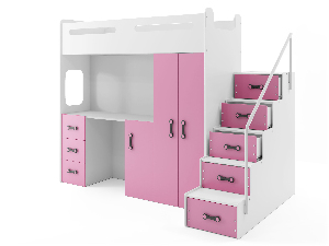 Emeletes ágy 80 x 200 cm Moxxo 4 (fehér + rózsaszín) (ágyrácsokkal és tárolóhellyel)