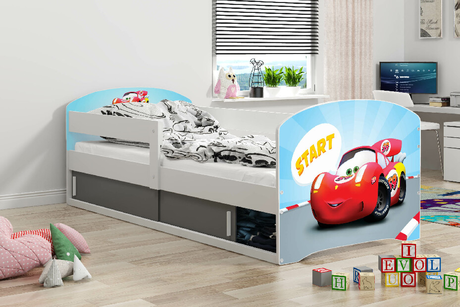 Gyerekágy 80 x 160 cm Lukan (fehér + autók) (ágyráccsal, matraccal és tárolóhellyel)