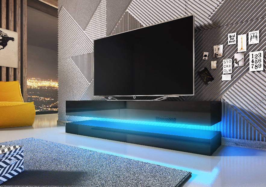 TV asztal Felisa (fényes fekete + fekete matt) (kék világítással) *kiárusítás