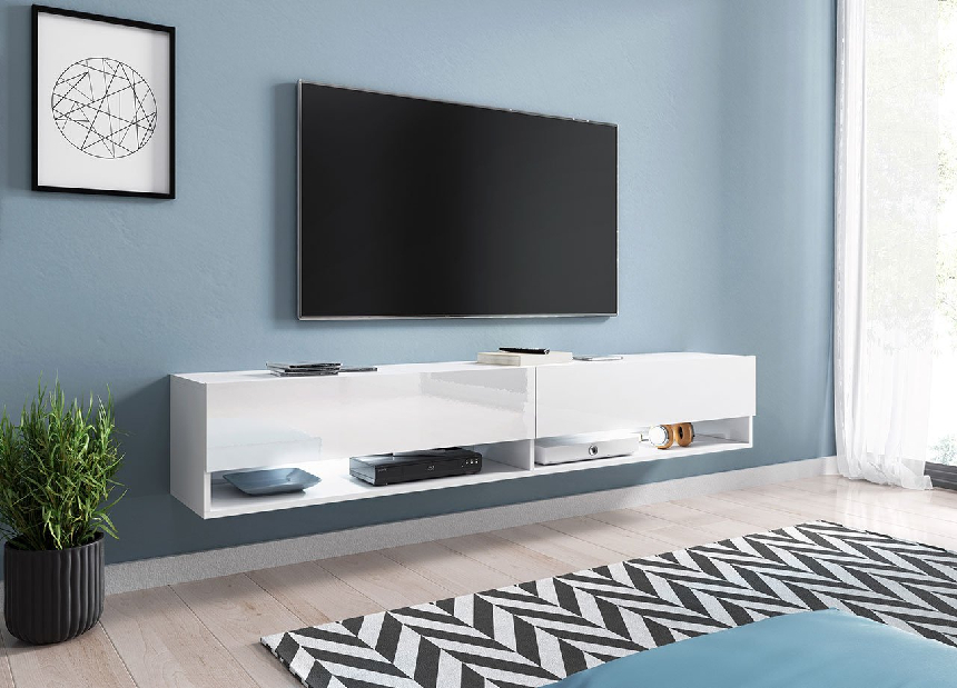 TV asztal/szekrény Aldesia 180 (fehér + fényes fehér) (RGB LED világítás Mirjan színes)