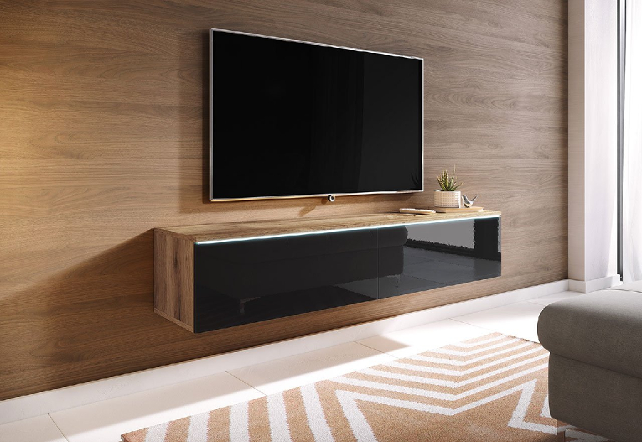 TV asztal/szekrény Dilune 140 (wotan + fényes fekete) (fehér LED világítás)