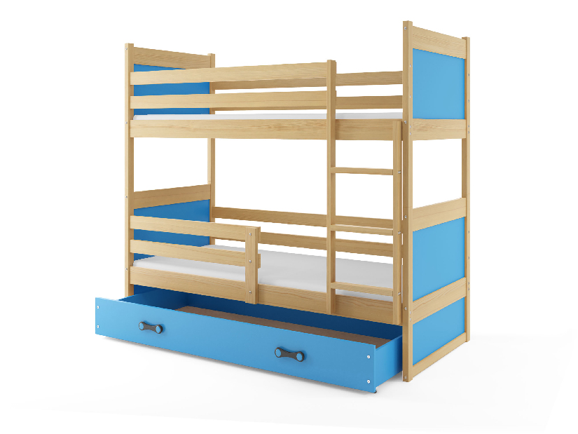 Emeletes ágy 90 x 200 cm Ronnie B (fenyő + kék) (ágyrácsokkal és tárolóhellyel)