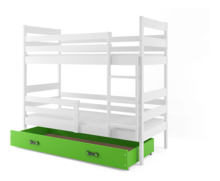 Emeletes ágy 90 x 200 cm Eril B (fehér + zöld) (ágyrácsokkal és tárolóhellyel)
