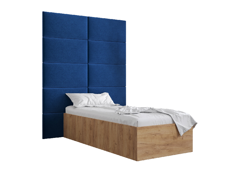 Egyszemélyes ágy kárpitozott fejtámlával 90 cm Brittany 1 (arany craft tölgy + kék) (ágyráccsal)