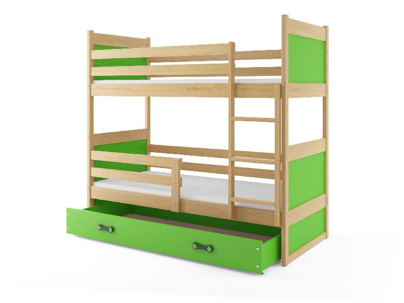 Emeletes ágy 80 x 160 cm Ronnie B (fenyő + zöld) (ágyrácsokkal és tárolóhellyel)