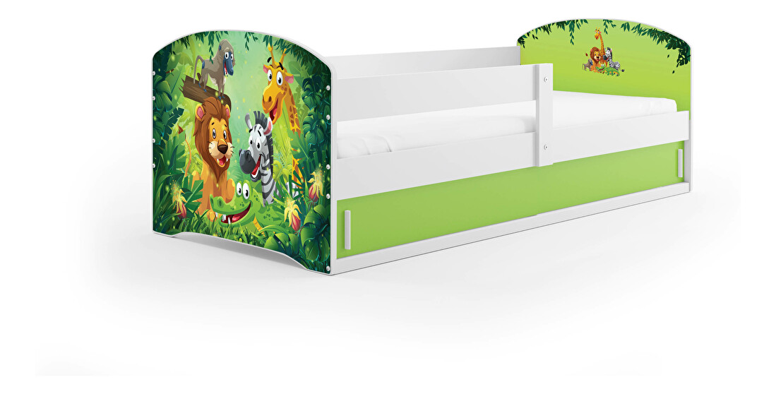 Gyerekágy 80 x 160 cm Lukan (fehér + dzsungel minta) (ágyráccsal, matraccal és tárolóhellyel)